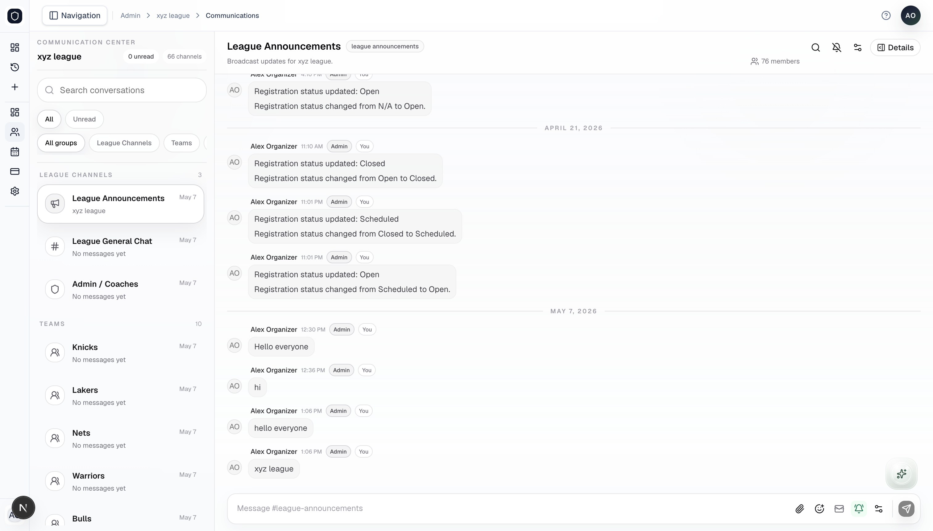 Ledge messaging workspace for league communication